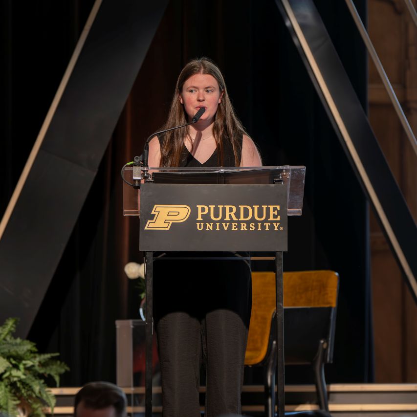 Student speaker Maddie Little at the 2026 awards ceremony. (Photo credit: Krock Photography)