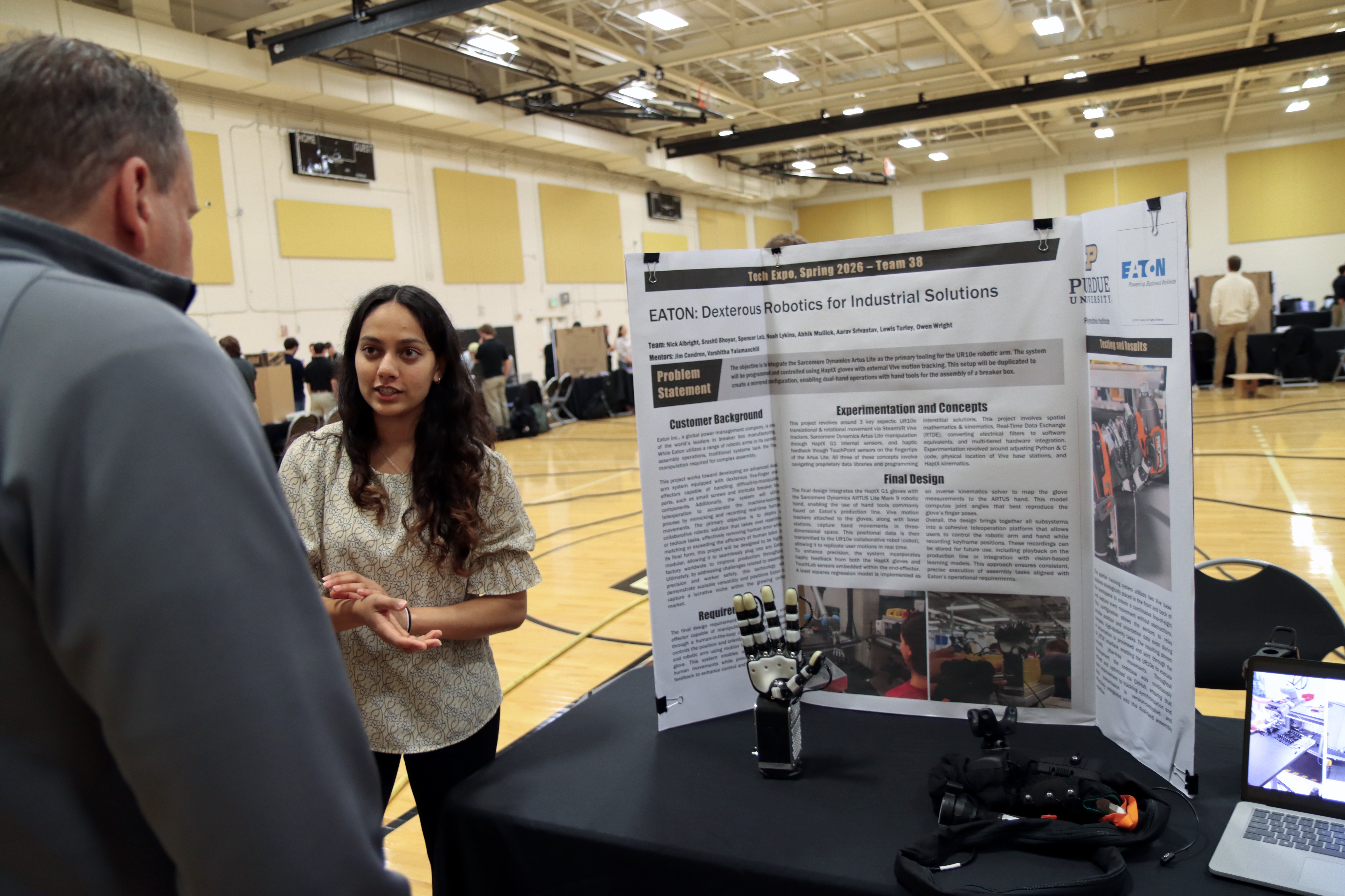Engineering Technology students demonstrate their senior capstone project at the Spring 2026 Tech Expo. (Purdue University photo/Zach Rodimel)