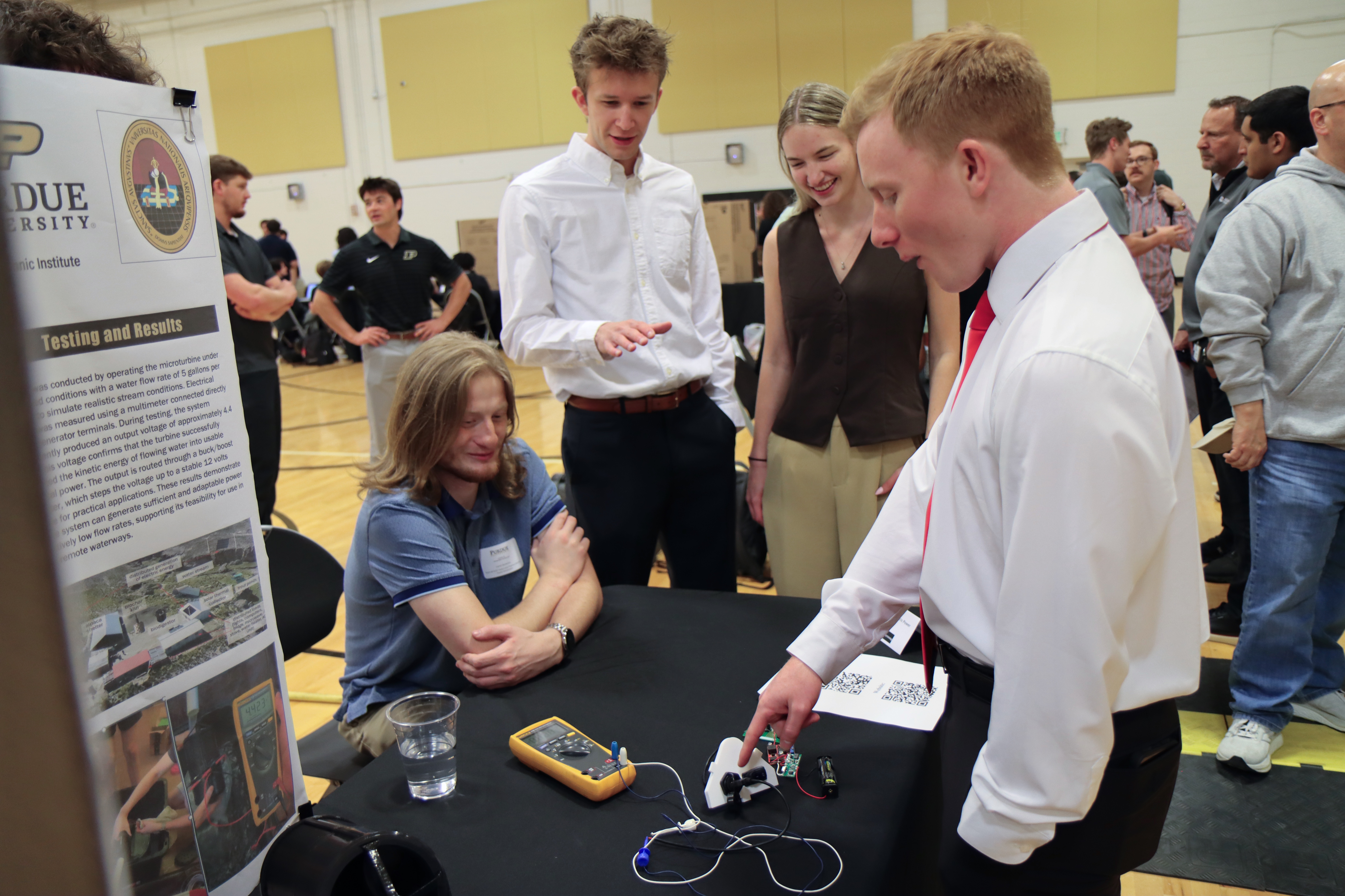 Engineering Technology students demonstrate their senior capstone project at the Spring 2026 Tech Expo. (Purdue University photo/Zach Rodimel)