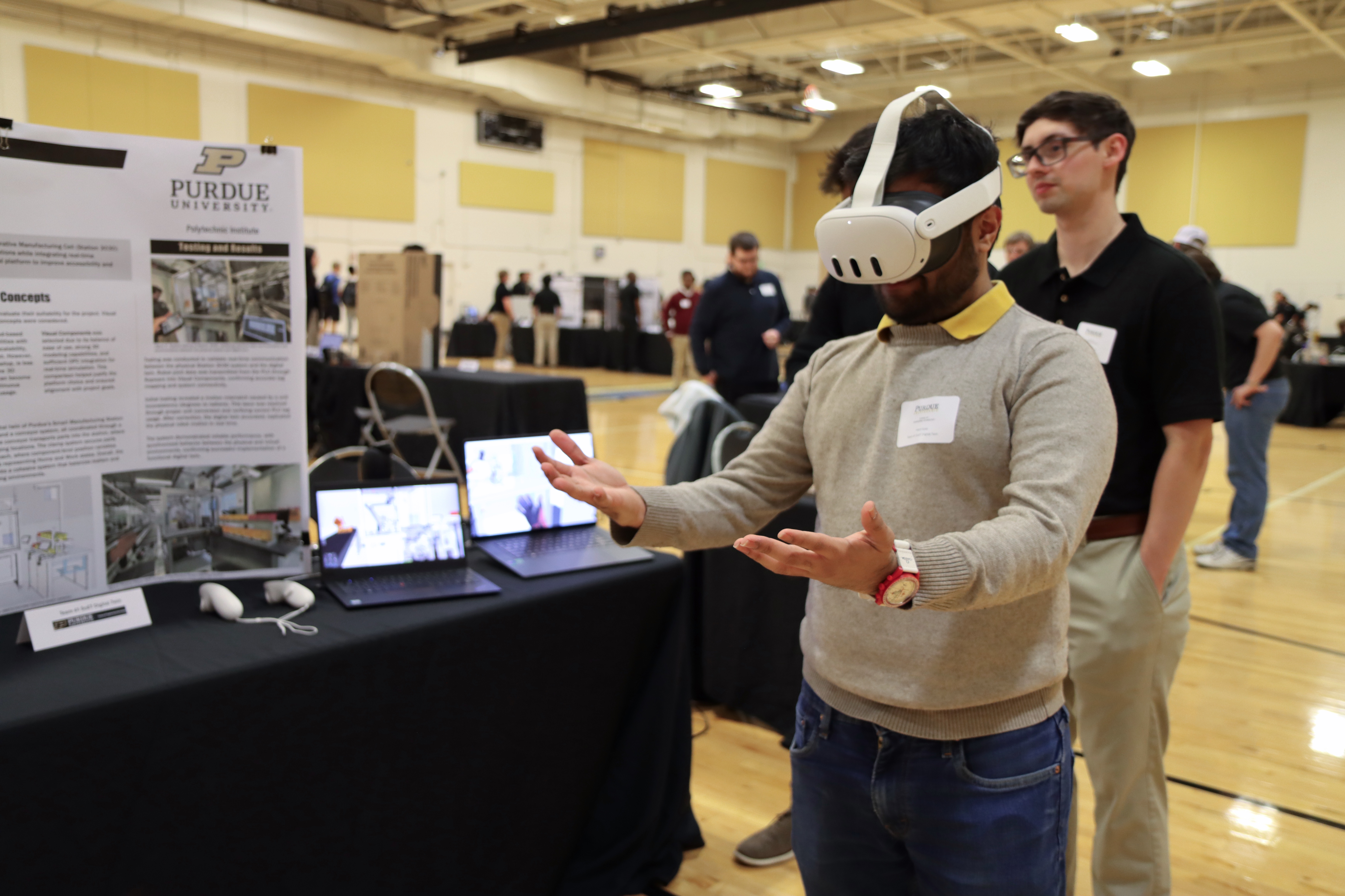 Engineering Technology students demonstrate their senior capstone project at the Spring 2026 Tech Expo. (Purdue University photo/Zach Rodimel)