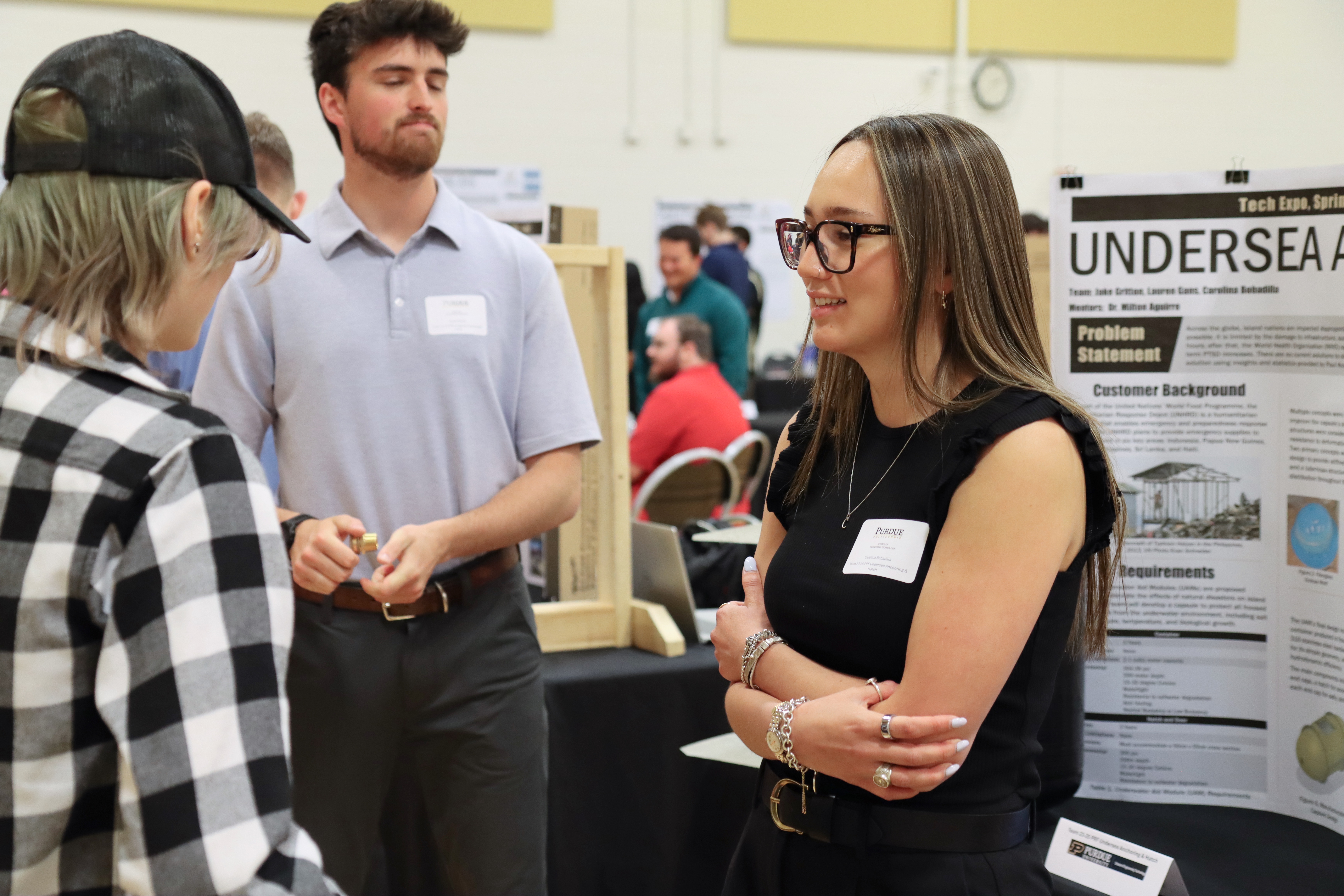 Engineering Technology students demonstrate their senior capstone project at the Spring 2026 Tech Expo. (Purdue University photo/Zach Rodimel)