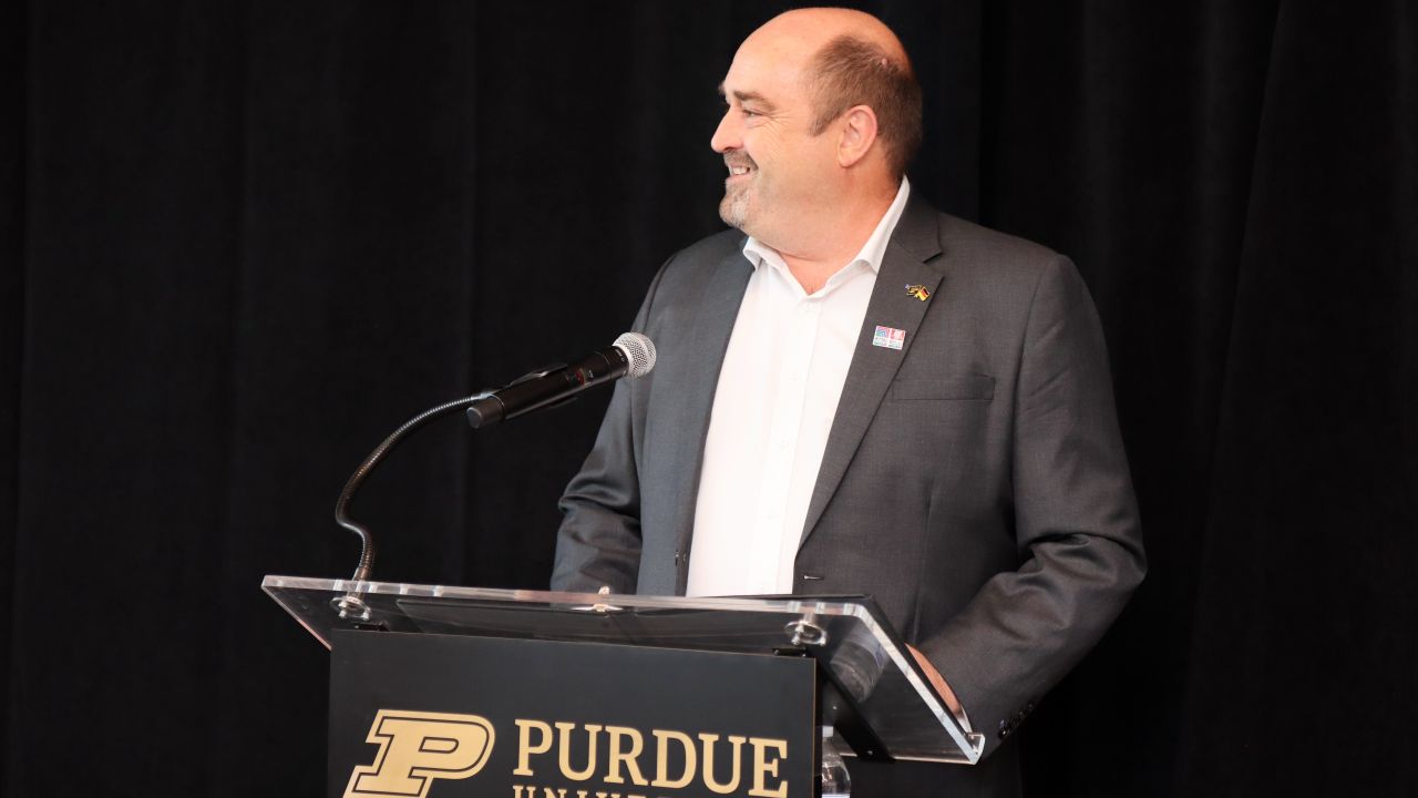 Eplan CEO Sebastian Seitz speaking at the dedication. (Purdue University photo/John O'Malley)