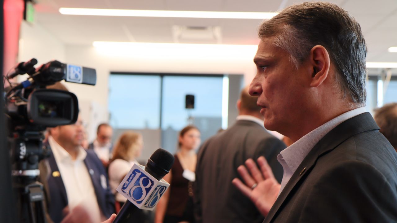 Dean Daniel Castro speaking to media in Dudley Hall. (Purdue University photo/John O'Malley)