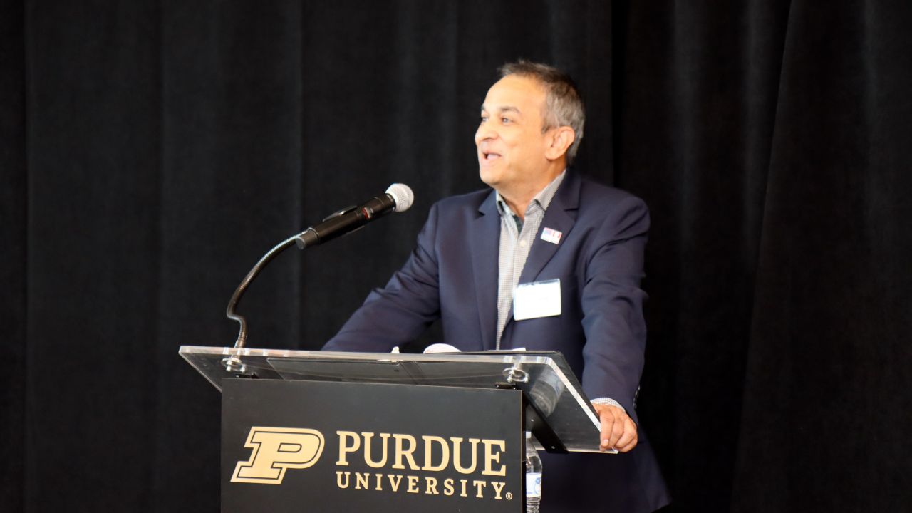 Rittal North America's CEO Udayan Senapati speaking at the dedication. (Purdue University photo/John O'Malley)