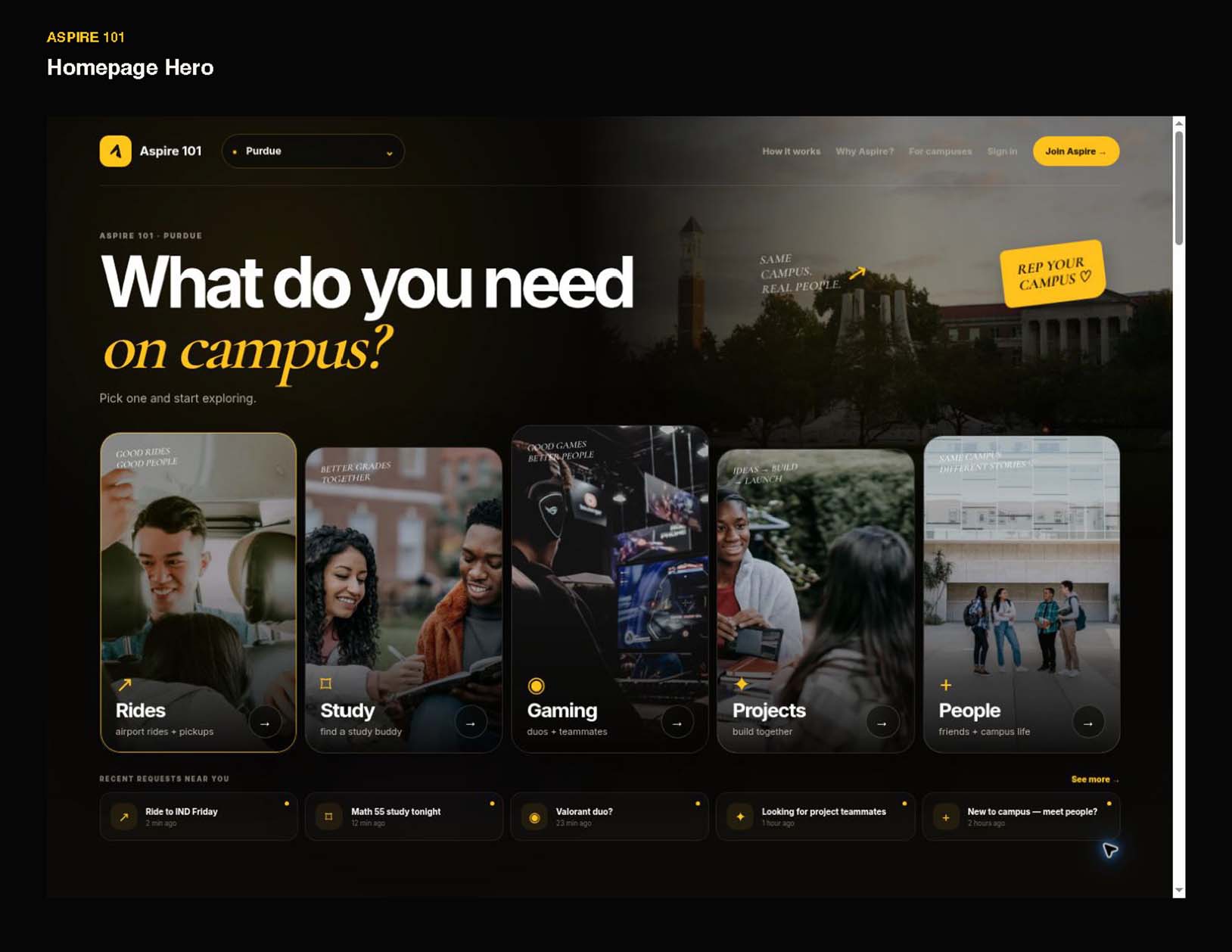 Aspire 101’s homepage introduces ways students can connect for rides, study groups, gaming, projects and campus life.