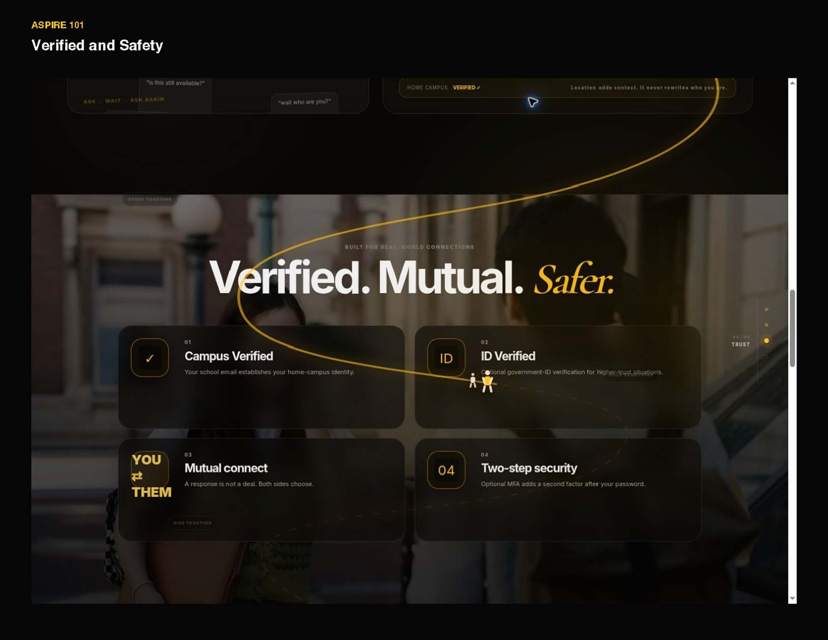 The platform’s safety features include campus verification, mutual connections and optional two-step security.
