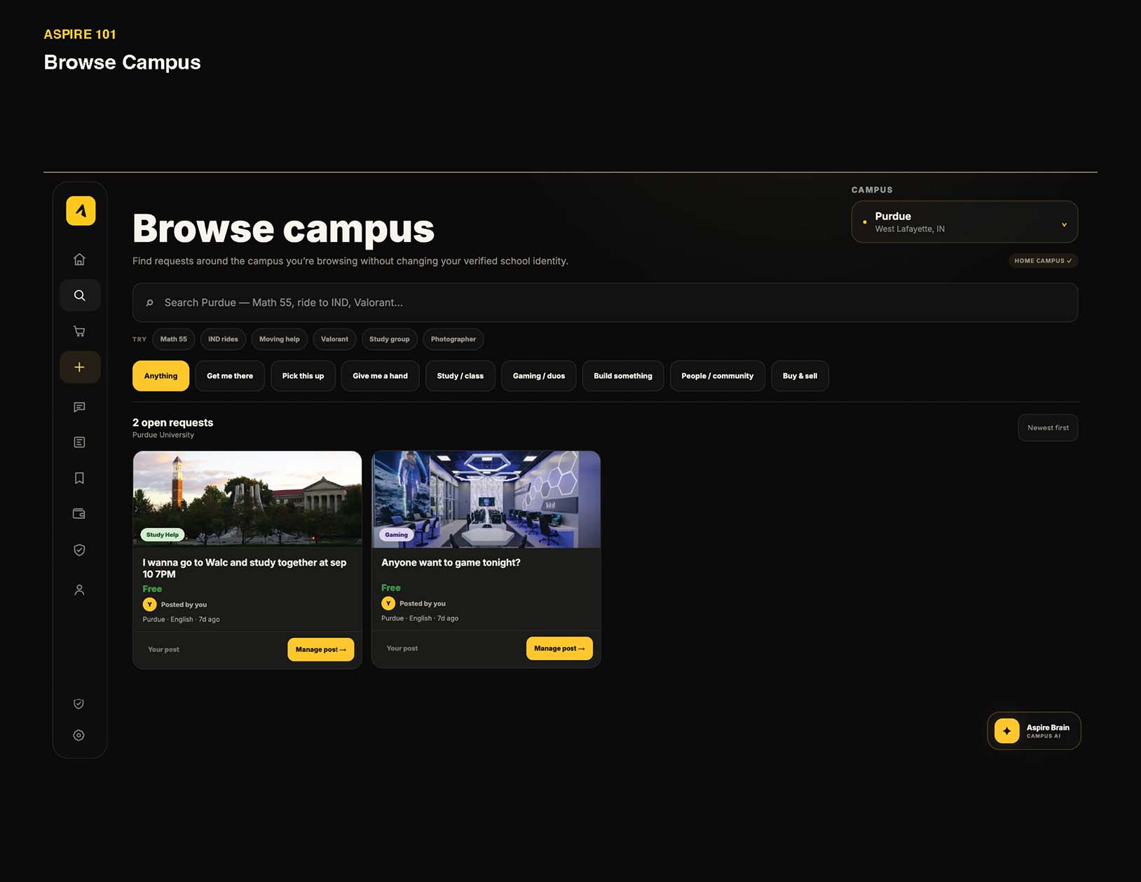 Aspire 101’s browse feature lets students search and filter requests from others on their campus.
