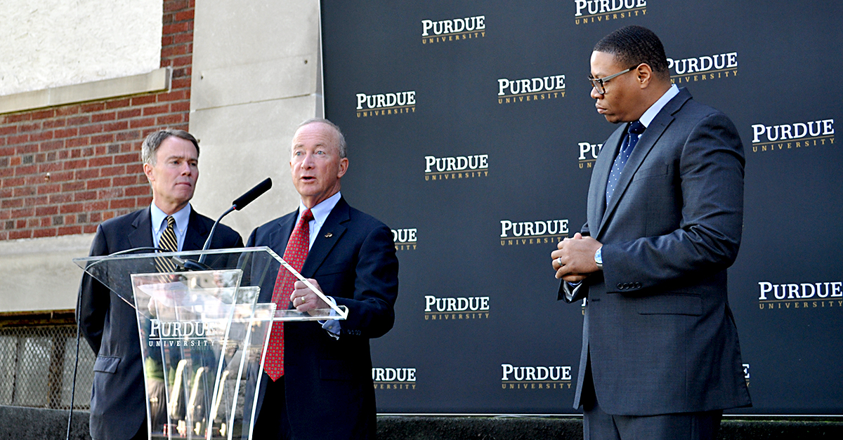 Purdue President Mitch Daniels discusses Purdue Polytechnic High School duirng an October 2016 news conference.