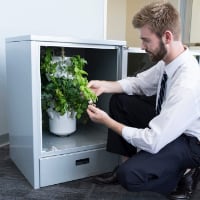 Scott Massey, Heliponix LLC chief executive officer, examines the development of plants growing in a GroPod