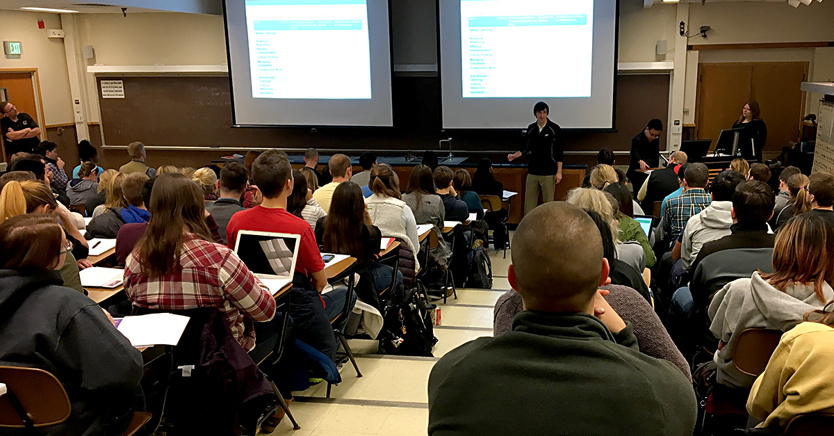 Louis Hickman, doctoral student and mentor, addresses members of the Purdue Polytechnic Leadership Academy.