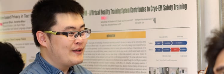 Jiahui Dong, graduate research assistant in the Department of Computer Graphics Technology, discusses his research project "CryoVR - Virtual Reality Augmented CryoEM Training"