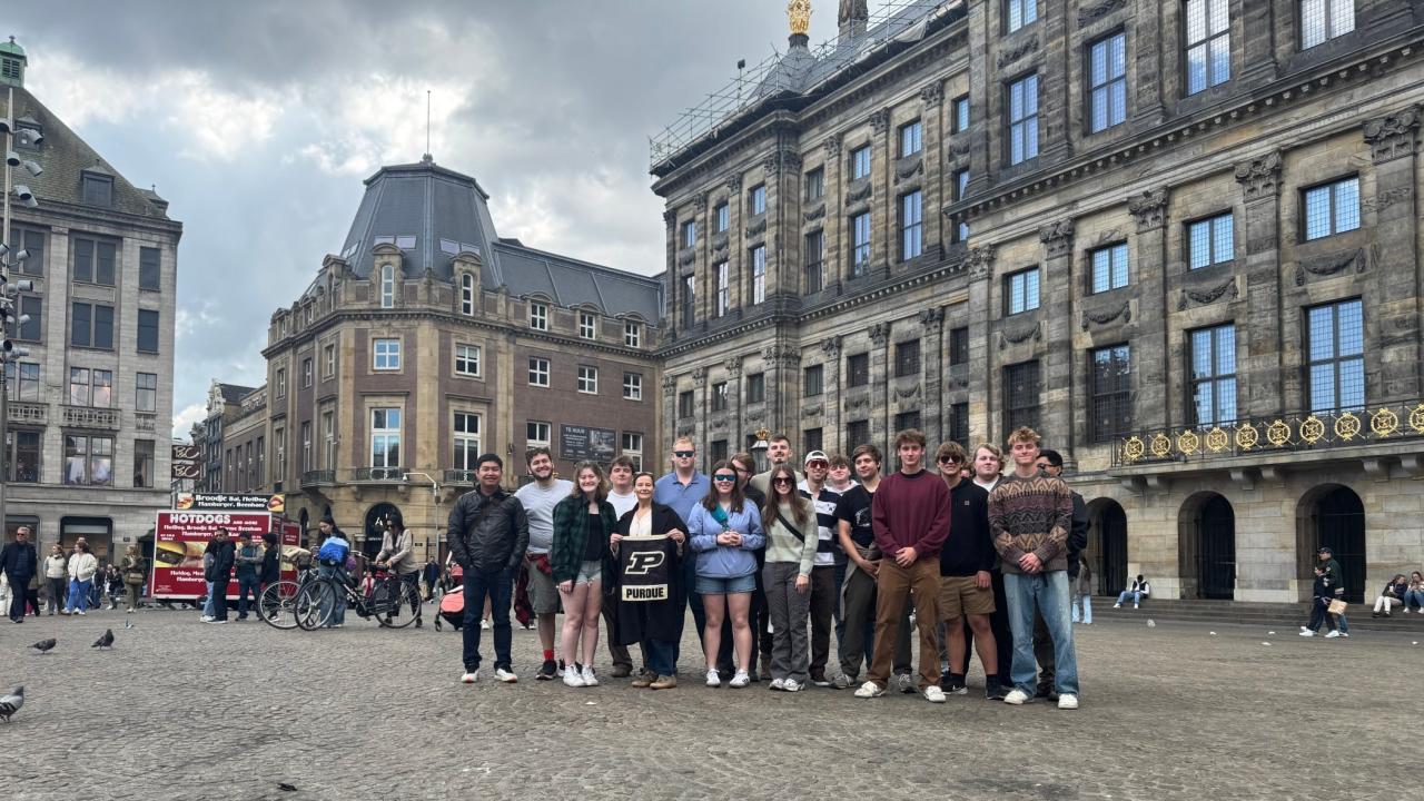 Jim Tanoos' Purdue student group is pictured here in the Netherlands during their Maymester 2025 trip, which took them to a variety of European locales to explore supply chains and highly productive industries. (Photo credit: Jim Tanoos)