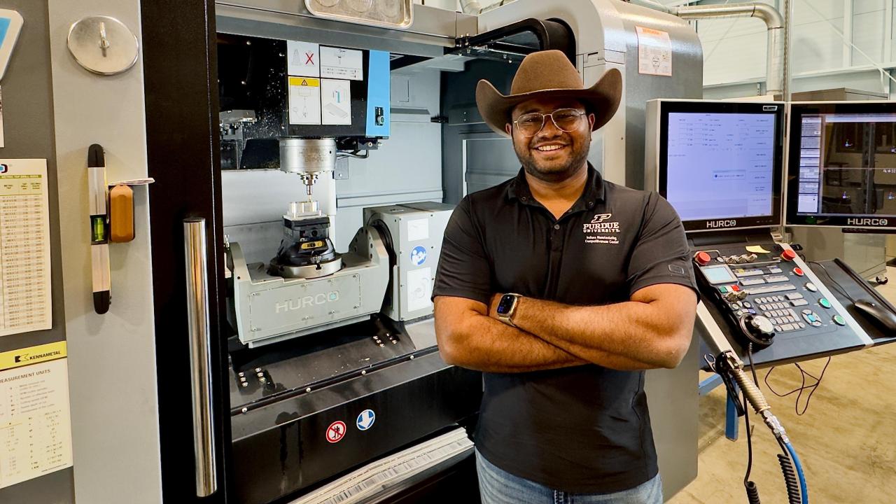 Karanam, pictured at IN-MaC. His doctoral dissertation investigates hybrid digital twins for CNC machining. (Photo credit: Sai Ashish Kumar Karanam)
