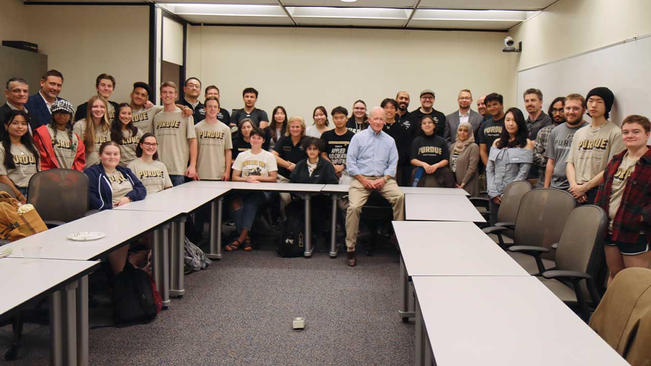 Purdue interim President Mitch Daniels joined students and faculty at Purdue Polytechnic’s Spirit Day in Indianapolis, highlighting student projects, research and industry connections. Purdue University photo/John O'Malley