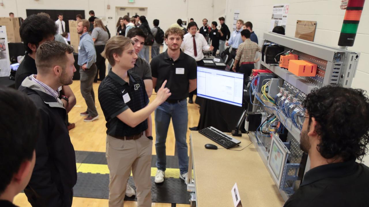 Engineering Technology students demonstrate their senior capstone project at the Spring 2026 Tech Expo. (Purdue University photo/Zach Rodimel)
