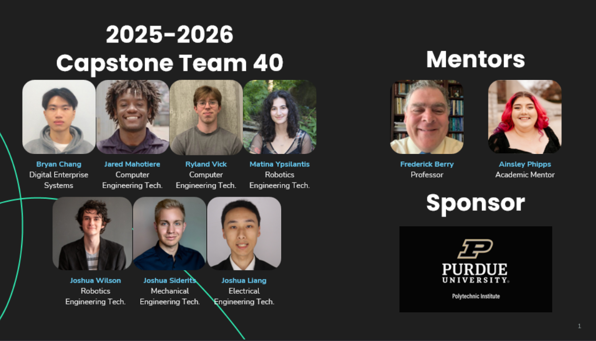 Team members are Joshua Siderits, Joshua Liang, Joshua Wilson, Matina Ypsilantis, Ryland Vick, Jared Mahotiere, and Bryan Chang. The Mentors were Professor Frederick Berry and Ainsley Phipps.