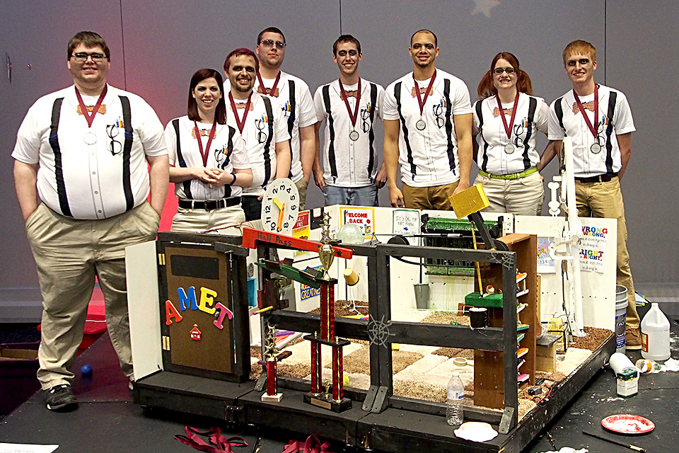 Rube Goldberg national runners-up: Boyd Dilley, Cari Morgan, Davin Huston, Joe Eaton, Jake Bowerman, Matthew Hicks, Kat Runyon, and Nathan Talbott. Not pictured: Lamira Bland, Nigel Dotson. Photo and video below courtesy of Kathryn Eaton.