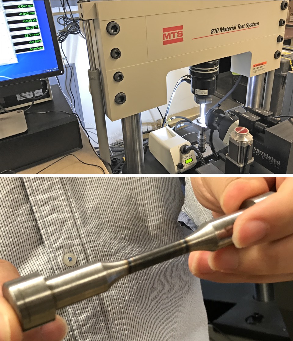 Top: MTS 810 Fatigue Test System with integrated 3D-DIC system. Bottom: A closer look at a metal test specimen.