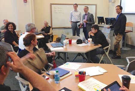 Olin College's Mark Somerville, Jon Stolk, and Rob Martello facilitate a workshop with Purdue Polytech faculty fellows