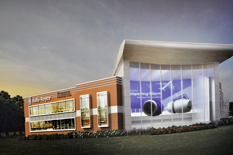 Artist rendering of proposed Rolls-Royce jet engine research facility at Purdue.