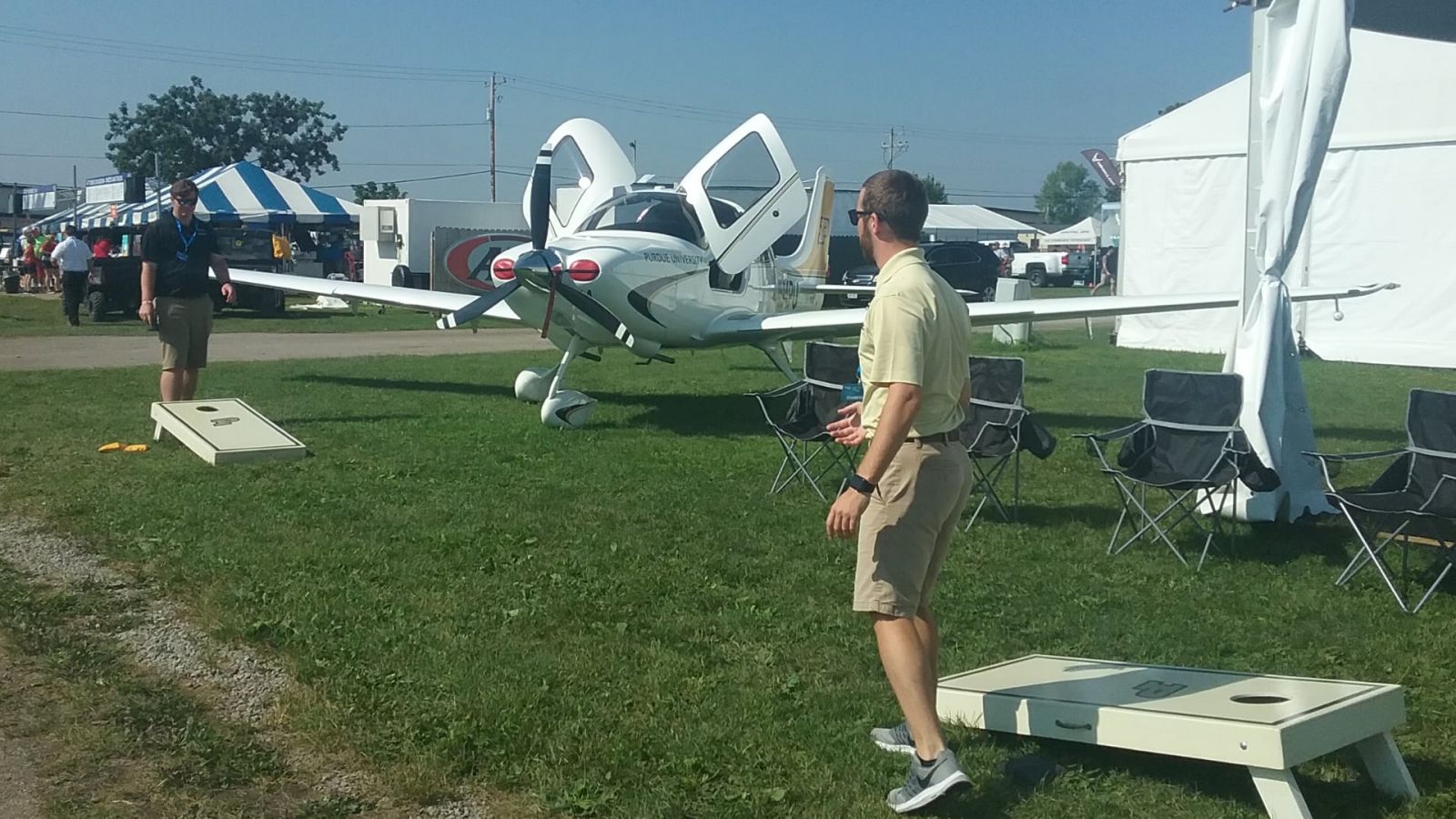 Purdue aviation technology students relax with a game of cornhole between events at EAA AirVenture Oshkosh