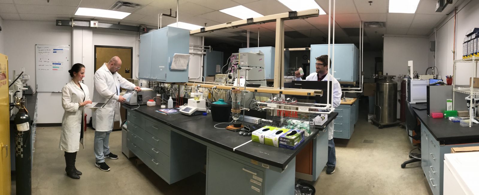Gozdem Kilaz, Petr Vozka, and Frederick Ford work in the FLORE lab (2018 photo)