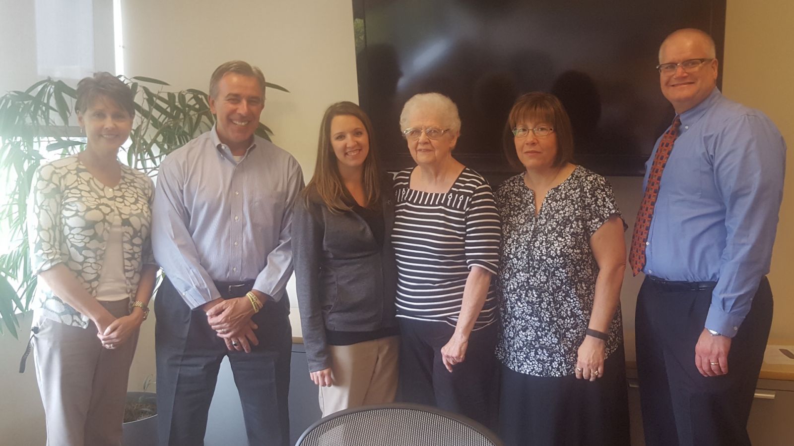 Julie Phillips, associate professor of organizational leadership; Phil Waclawik, Purdue Polytechnic director of development; Whitney Ramer, student services coordinator; Sandy Oliverio; Anji McKinney, student services coordinator; and Joe Fuehne, director of Purdue Polytechnic Columbus.