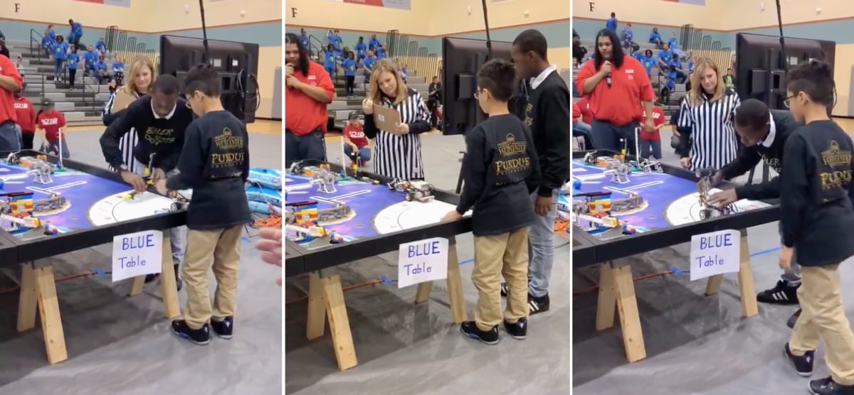 Members of the Anderson Trustees Youth Center BoilerBots team prepare their robots (left, right) and monitor a competition run (center)