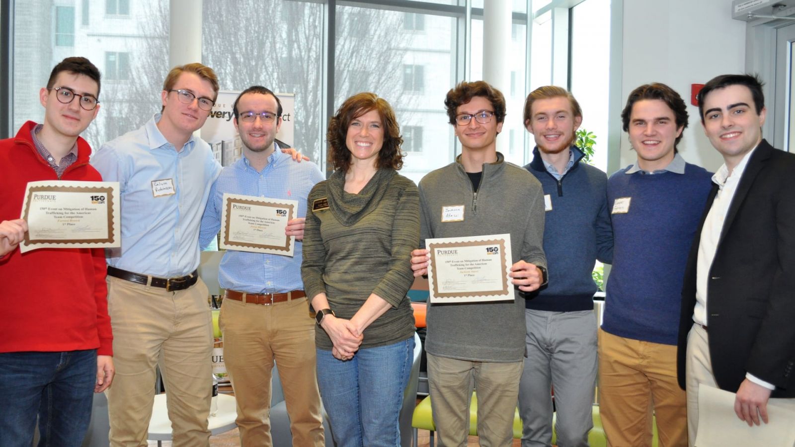 Forrest Brown, junior in applied statistics; Calvin Robinson, senior in general management; Jason Marron, junior in finance; Dawn Laux, associate department head and clinical associate professor in the Department of Computer and Information Technology; Jackson Atassi, junior in computer and information technology; Logan Bedford, junior in chemistry; Cooper Fetters, junior in chemical engineering; Gavin Burn, junior in chemical engineering