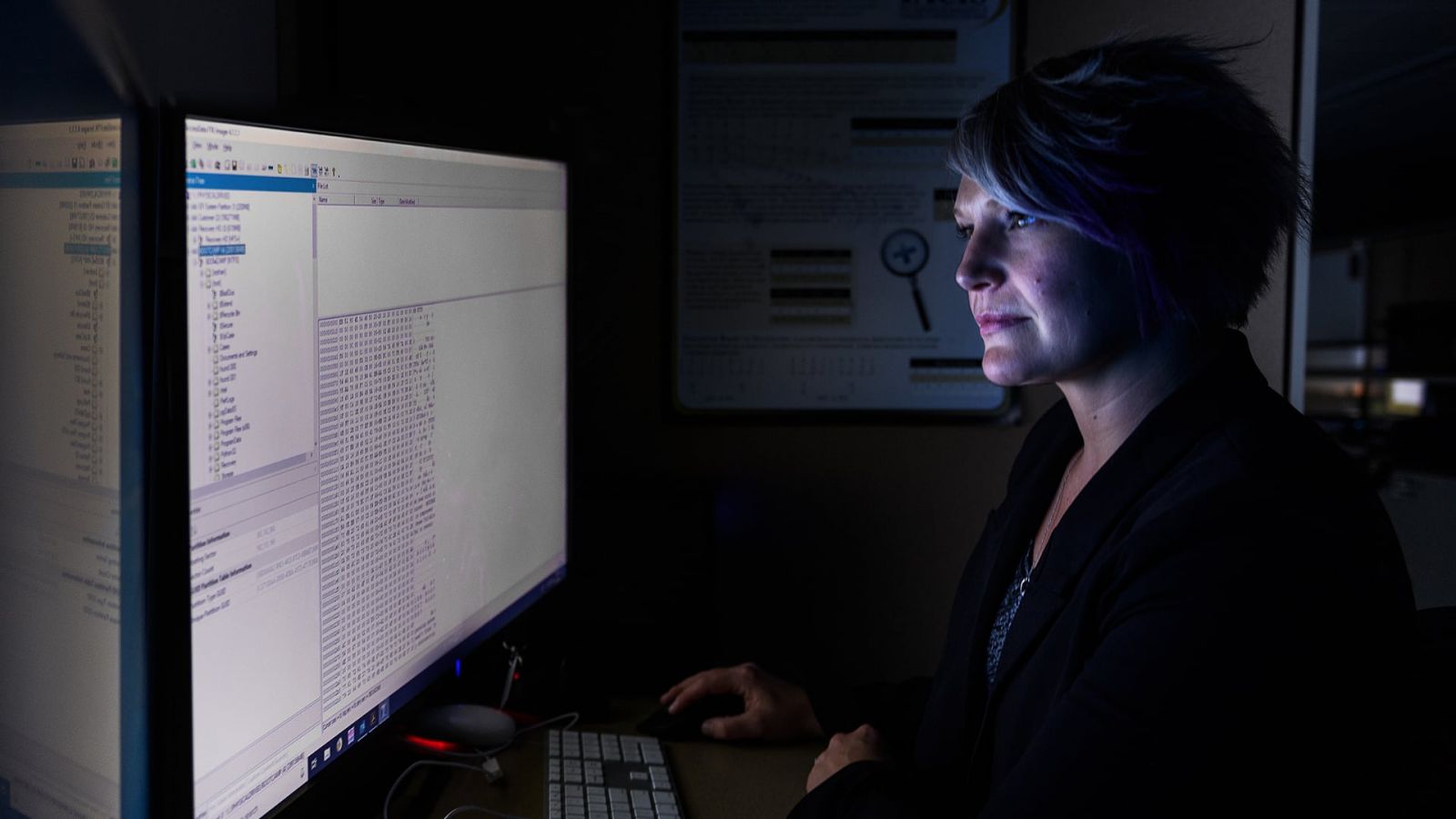 Kathryn Seigfried-Spellar works on a computer in the Tippecanoe County High Tech Crime Unit in Discovery Park. (Photo/Rebecca Wilcox)