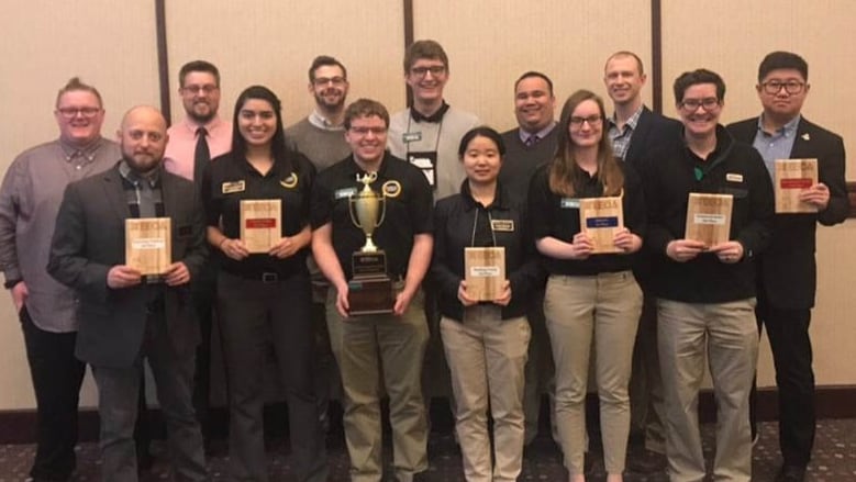 Front row, from left: Advisor Greg Strimel; Vanessa Santana, Purdue TEECA Secretary; Brian DeRome, Purdue TEECA president and national TEECA secretary; Liwei Zhang; Daphne Fauber, National TEECA Treasurer; Cameron Moon. Back row, from left: Sean Bacha; Derek Miller; William Walls; Jackson Otto, Purdue TEECA vice president and national TEECA president; Zach Laureano, Purdue TEECA Treasurer; Scott Bartholomew, Purdue TEECA co-advisor and national TEECA advisor; Nick Cui. Not Pictured: Liam Rowe