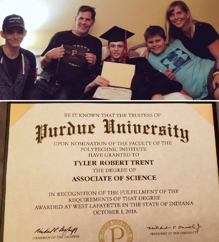 Top: Tyler Trent (center) with his family; Bottom: Tyler Trent's Associate of Science diploma