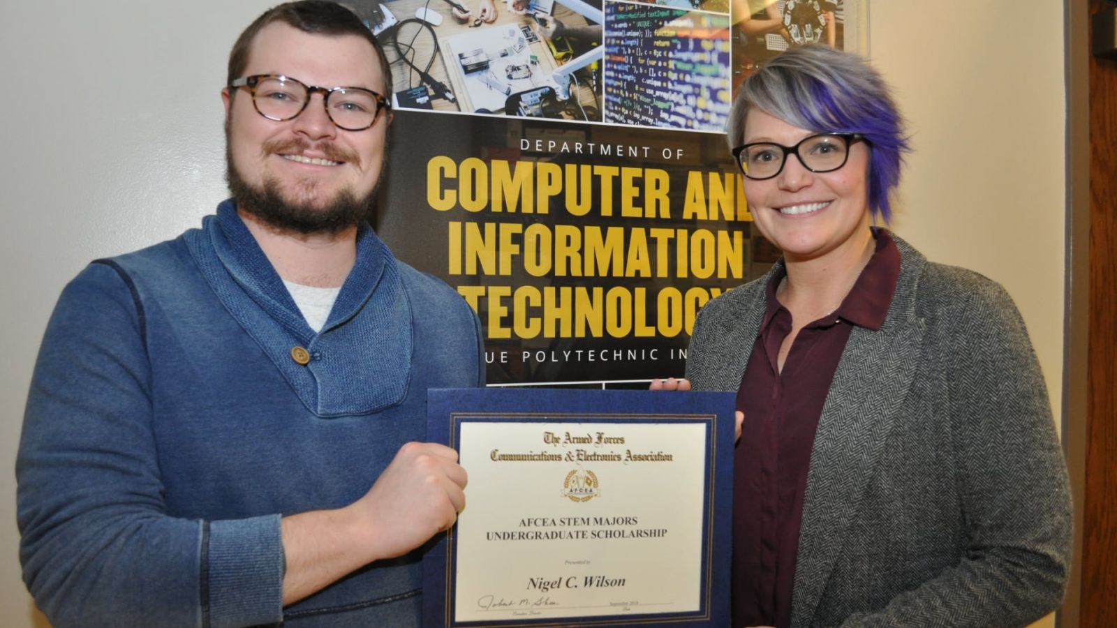 Nigel Wilson, senior in cybersecurity, and Kathryn Seigfrield-Spellar, assistant professor of computer and information technology