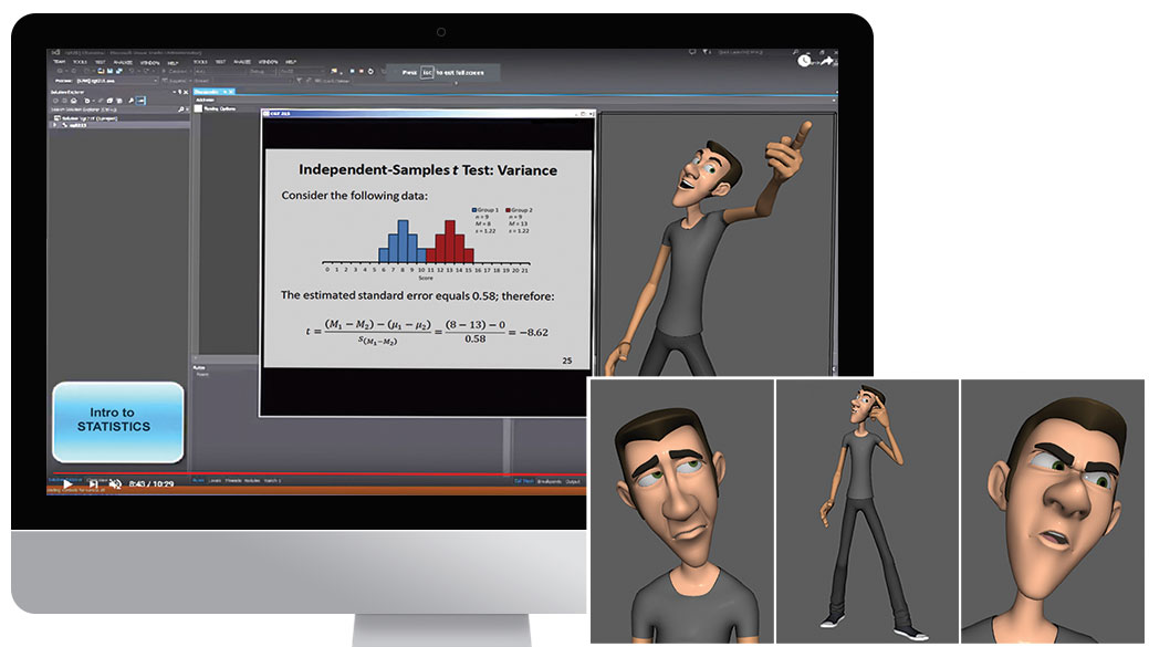 The webcam allows the agent to respond to the detected emotion of the student. At the right of the screen is a floating, resizable window displaying the agent (with additional examples of the agent, lower right). The student can zoom in/out on the agent to focus on the face or full body.