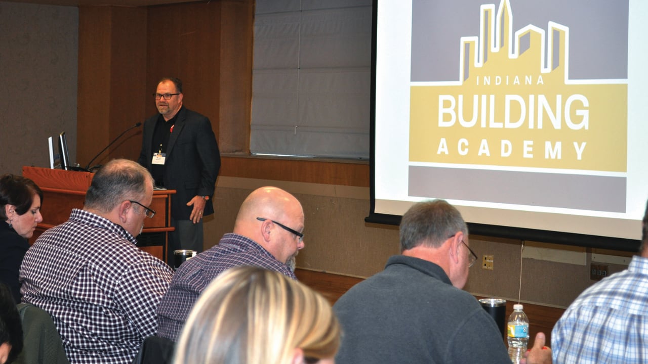 Brad Benhart welcomes attendees to the inaugural Indiana Building Academy
