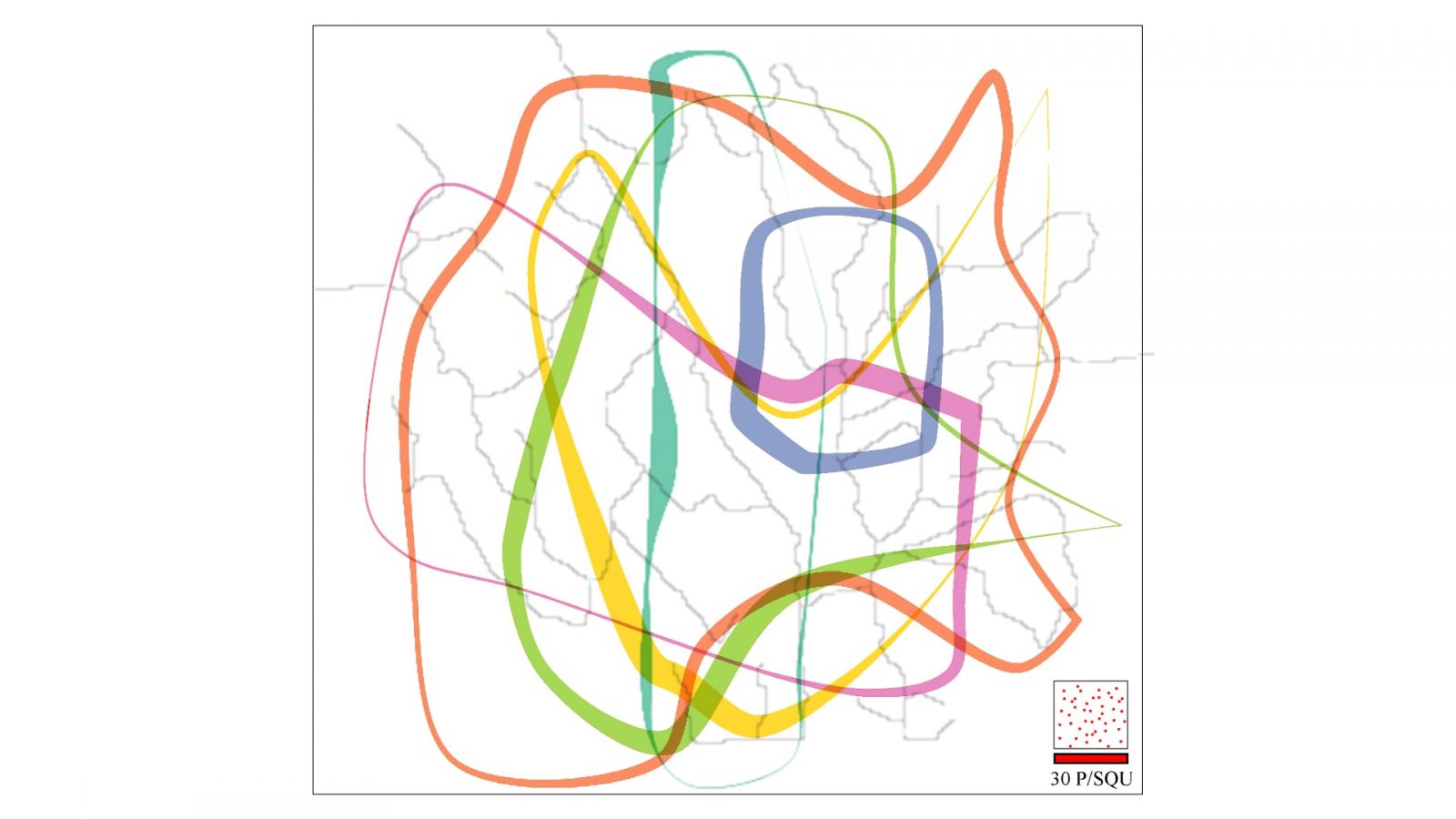 The Purdue visualization technique simplifies points on a map into boundaries with various segment widths, making spatial distributions of a large number of objects in different groups or over time easier to understand, analyze and use for decision making or future events prediction. (Image provided)