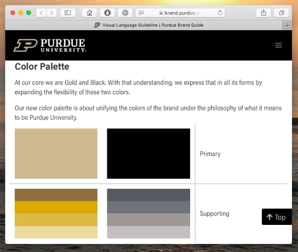 Color palette from Purdue's 2020 brand style guide