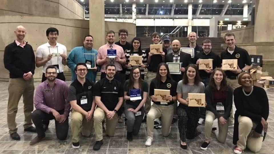 Purdue Polytechnic’s award-winning TEECA team included Hayley Grisez, third from right, and Daphne Fauber, fifth from right.