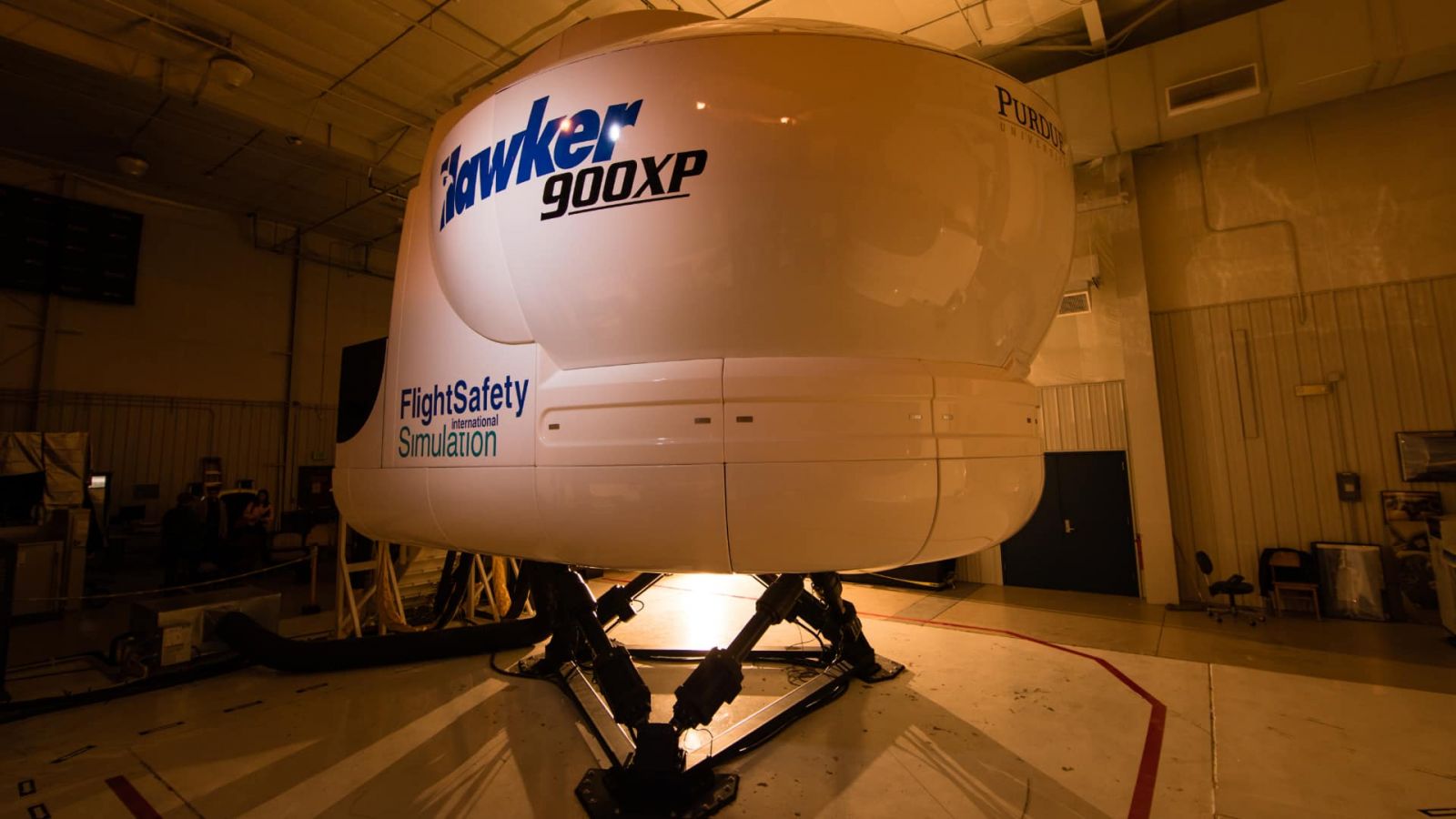 The Hawker 900XP flight simulator in Purdue Polytechnic's School of Aviation and Transportation Technology (Purdue University photo/Brian Powell)