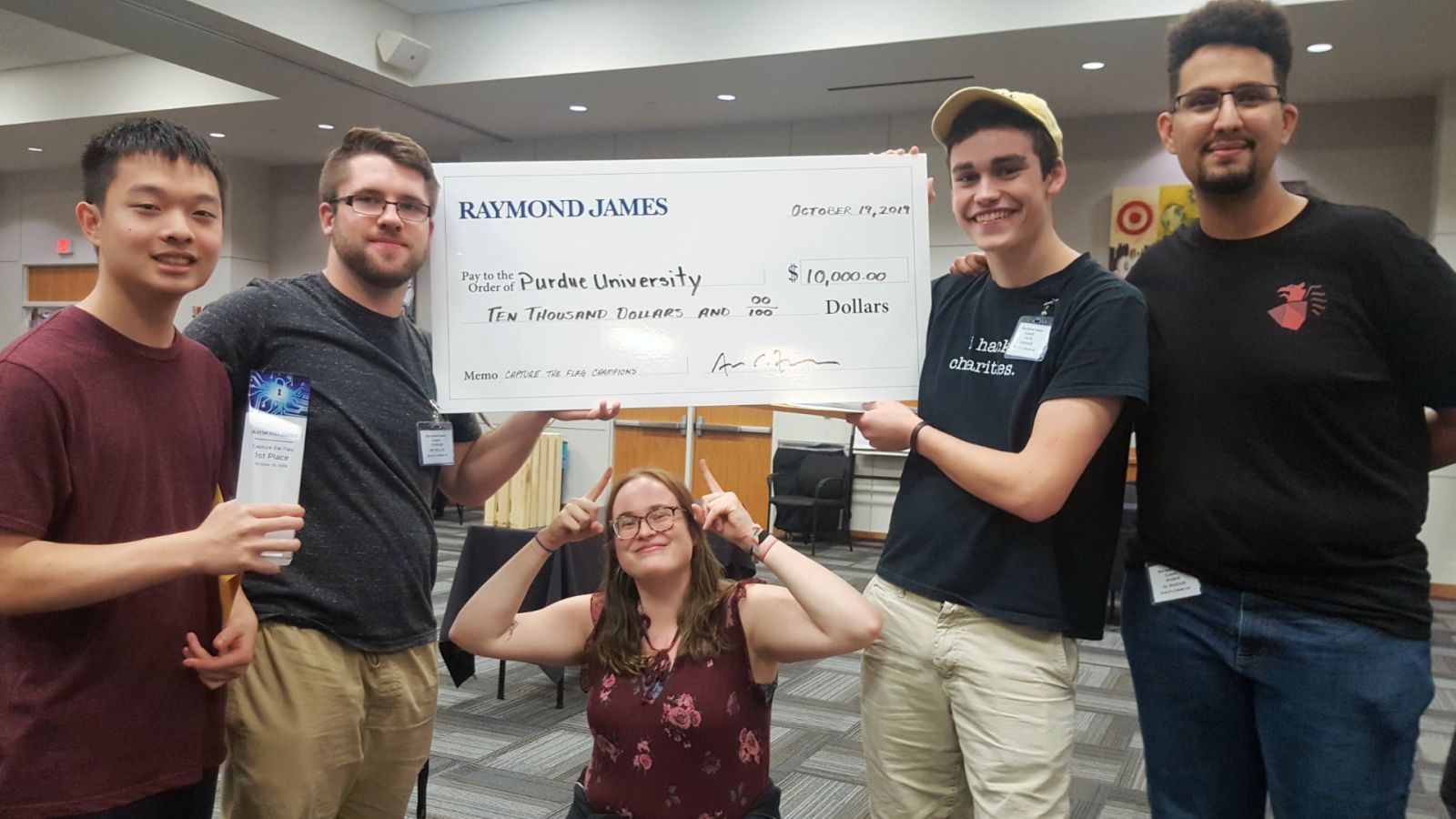 The winning team was made up of (from left) Alex Lin, College of Engineering; Connor McMillin, College of Science; Alissa Gilbert, Polytechnic Institute; Jack Zimmer, Polytechnic Institute; Bader AlBassam, College of Science.