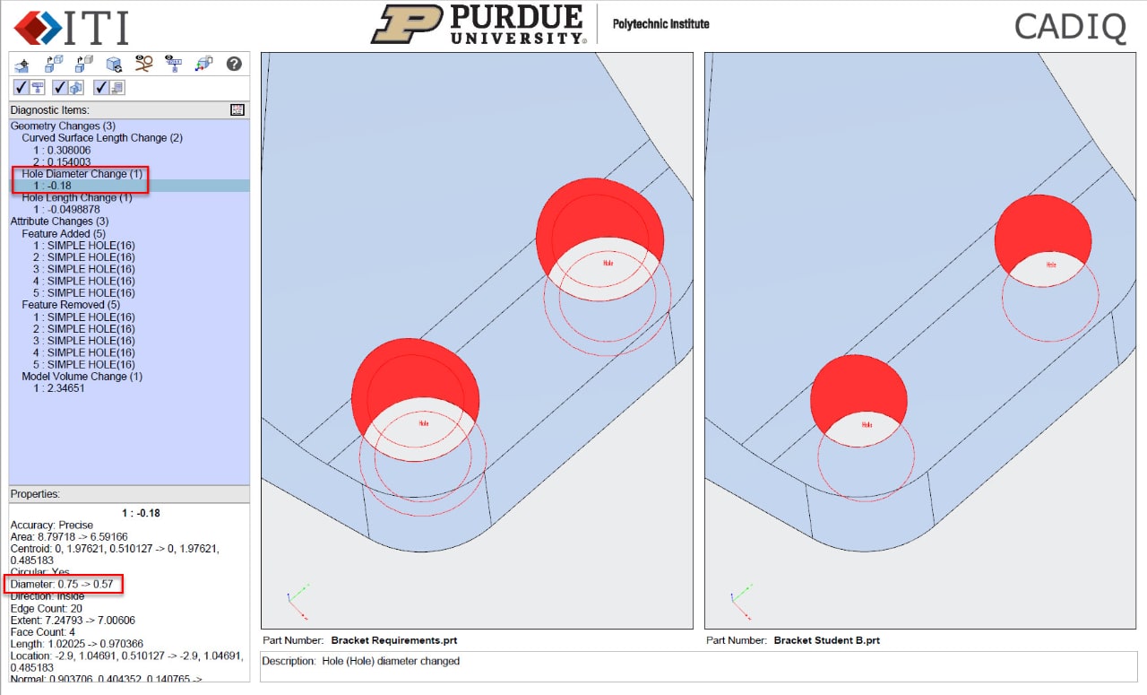 CADIQ software highlights the differences in the 3D product models that students create compared to the models they were assigned to replicate.