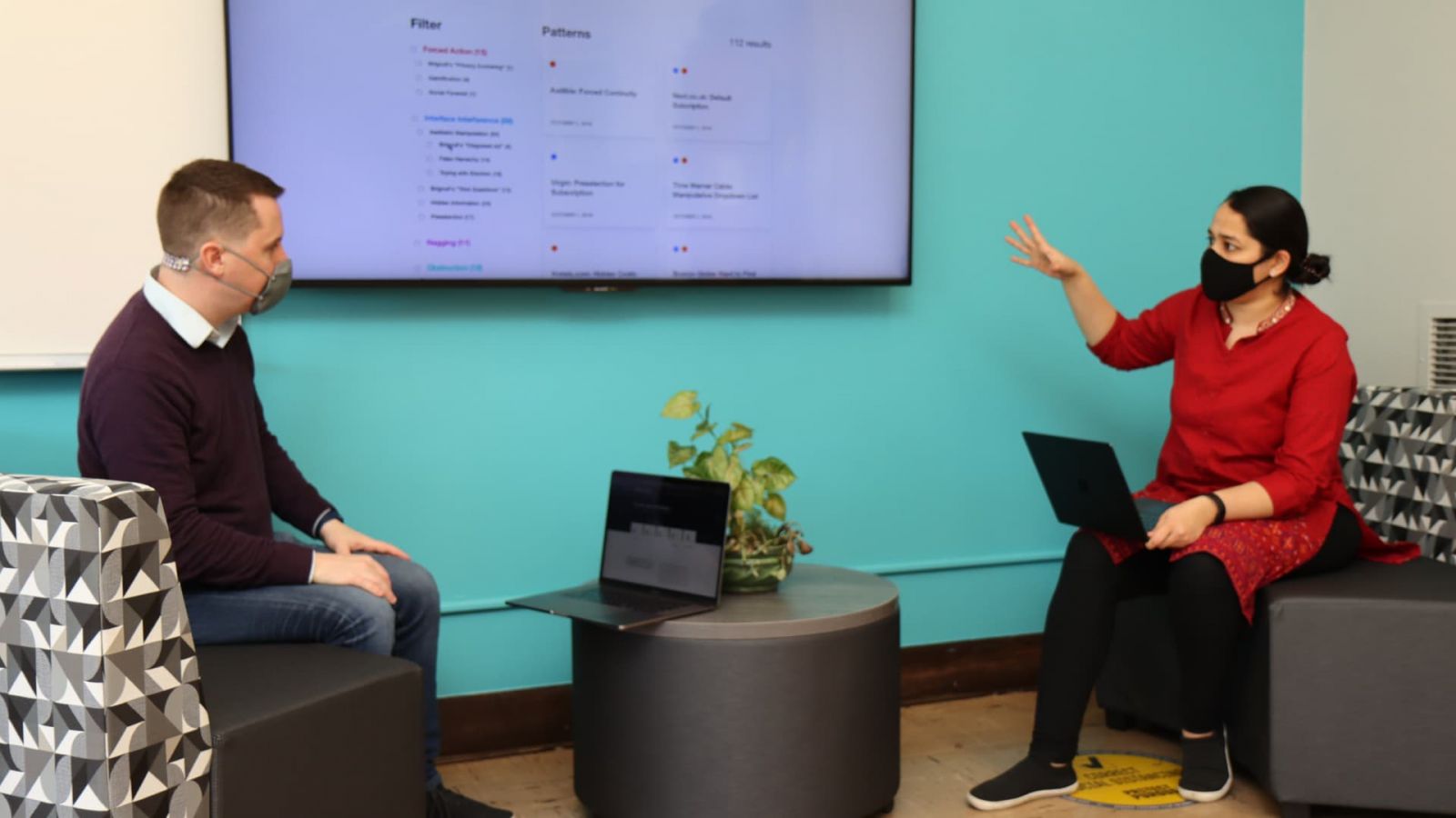 Colin Gray and Shruthi Chivukula discuss their research in the UX Pedagogy and Practice Lab. (Purdue University photo/John O'Malley)