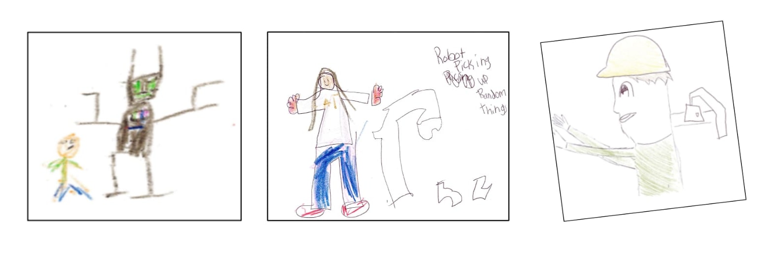 Pre- and post-experience drawings by elementary school students illustrate the evolution of their perceptions of robotics and safety in manufacturing.