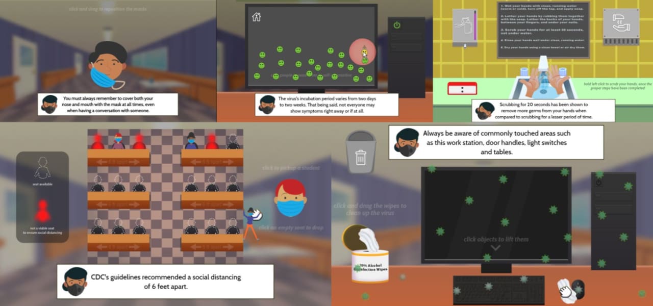 Figure 2: Screenshots from Dominic Kao’s web-based game, which teaches proper mask-wearing, social distancing, workstation sanitization, handwashing, self-quarantining, and more.