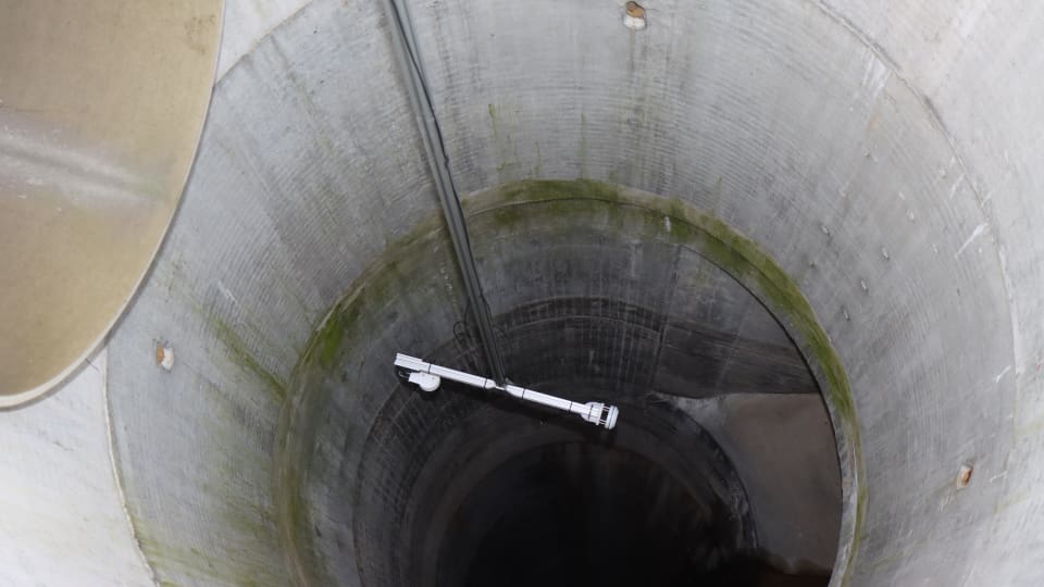 Sensor systems like this one hang inside several DigIndy Tunnel System ventilation shafts. The sensors are wired to ground-level weather stations with cellular transmitters. (Purdue University photo/John O’Malley)