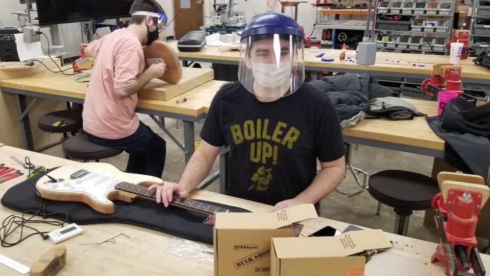 Students at work building guitars in Purdue Polytechnic's Fabrication Lab. (Photo provided)