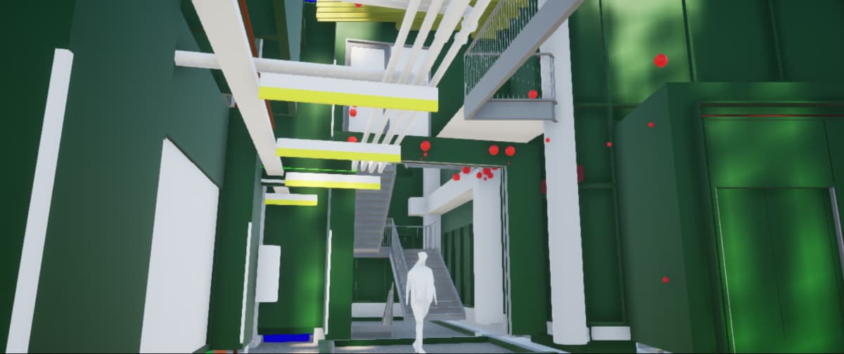 Virtual reality (VR) technology could help trainees more efficiently learn useful techniques and skills from senior industry professionals. This scene depicts a corridor in Purdue’s Engineering & Polytechnic Gateway Complex, which is under construction and expected to open for students in January 2023. Wearing VR goggles, a student can look in any direction or “walk” through the virtual 3D scene, an immersion not possible using traditional blueprints. (Image courtesy Ramyani Sengupta)