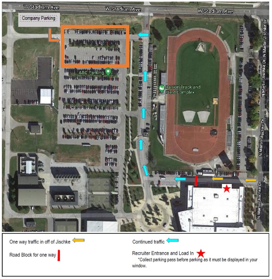 Click for a larger version of this image: Computing Career Fair, parking lots & streets adjacent to Purdue's France A. Córdova Recreational Sports Center ("Co-Rec")