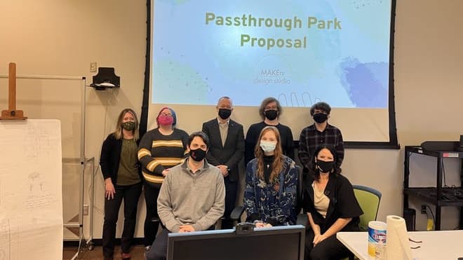 Four Purdue Polytechnic students presented proposals for the Passthrough Park that runs between East Main Street and Jack Elstro Plaza. Those attending the presentations included Sarah George (back row, from left), an associate professor of practice; student Addie Rose; Mayor Dave Snow; student Ethan Clark; student Matthew Wair; Ian Vanness (front, from left), city director of infrastructure and development; student Kaitlyn Jurgens; and Denise Retz, park superintendent. (Photo/Richmond Parks and Recreation)