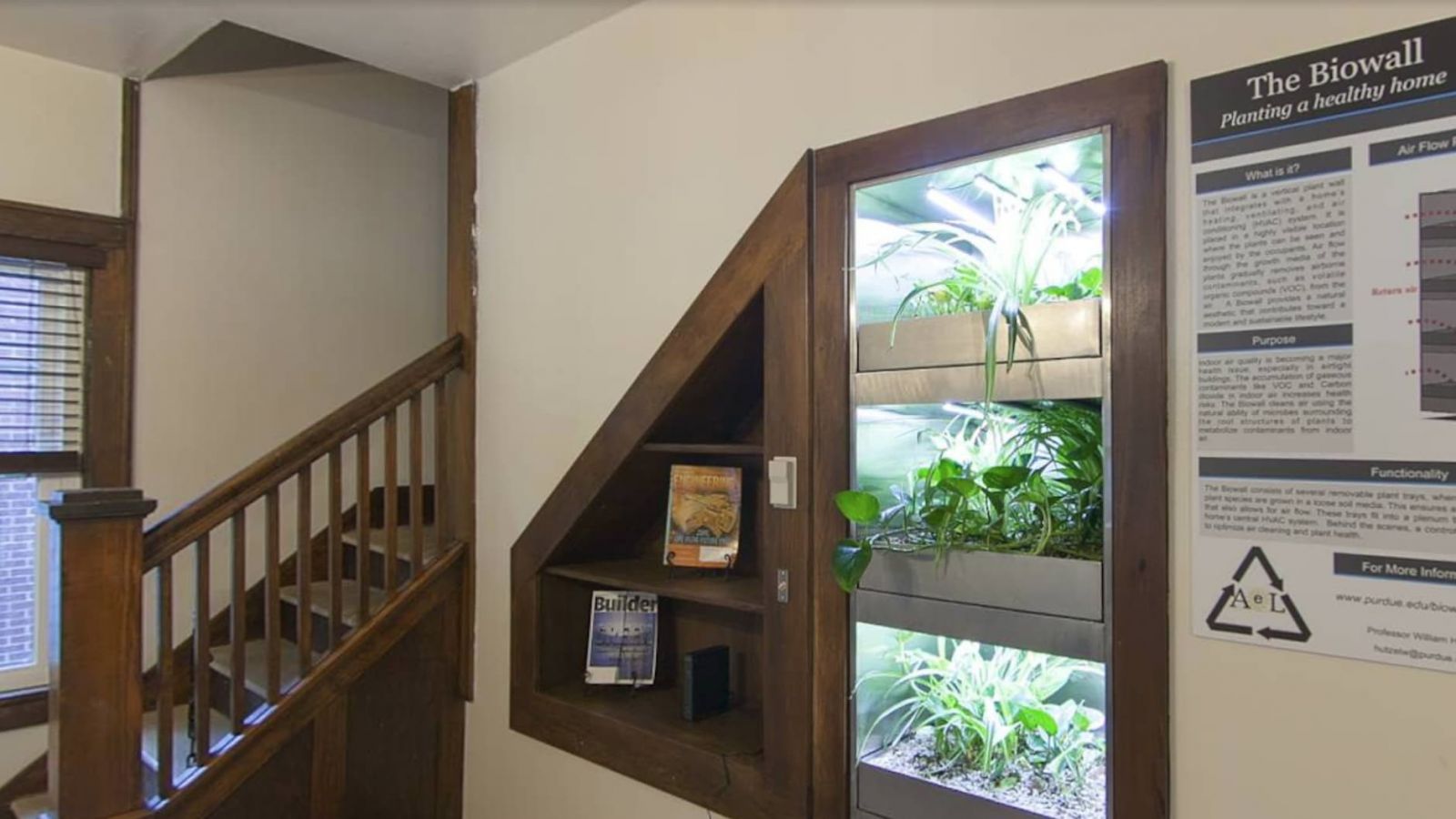 Purdue University researchers installed the Biowall in the ReNEWW house to monitor the performance of the biofilter, the health of the plants present and comfort of residents.
